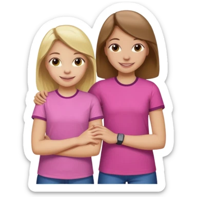 Two Girls with their arms around each other at summer camp one blonde one brown hair brown hair wearing pink shirt sticker
