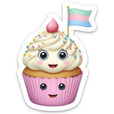 A pastel-colored cupcake with big eyes and a smile holding a flag that says ‘Sweetest girl ever! sticker