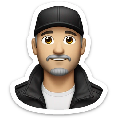 An adult white skin portrait of male with stubble and a slightly gray beard, brown hair, black eyes, wearing a black Reebok cap with a round emblem on his head, and a black leather jacket. sticker