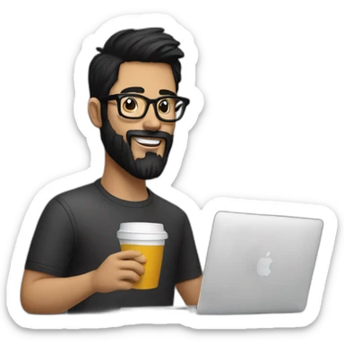 Designer with black hair, beard and glasses working with MacBook and drinking cappuccino  sticker