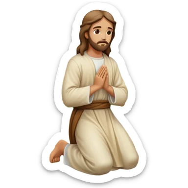 Jesus kneeling to pray in a garden, peaceful and reverent atmosphere, emoji style sticker