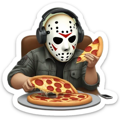 Jason voorhees recording a podcast with a mic and headphones and holding a slice of pizza in his hand sticker