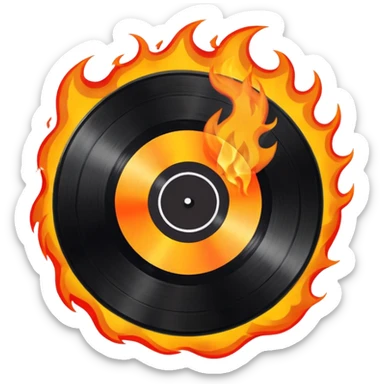 a black vinyl record on fire with a white center sticker sticker