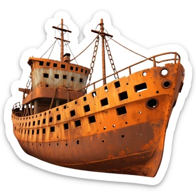 rusted ship wreck, heavily corroded metal hull, orange-brown rust textures, abandoned old ship, weathered surface, dramatic lighting, cinematic atmosphere, 3D cartoon style, mobile game environment art, clean composition, no people, no text, no watermark
 sticker