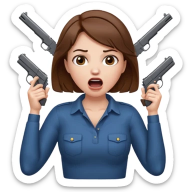 the woman emoji with brown hair and white skin choking herself  with both hands around her neck with her mouth open and two arms from behind her holding a gun in each hand point directly at her head sticker