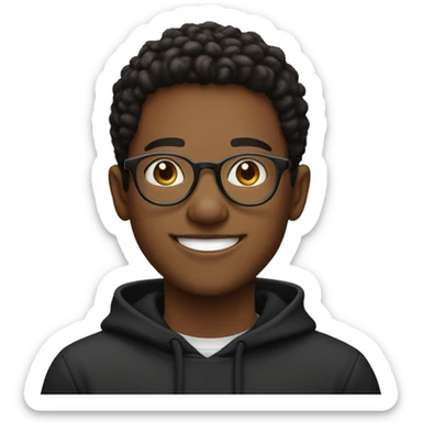 Entrepreneurial 20-year-old boy with black sweatshirt and circular glasses smiling sticker