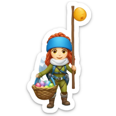 Greek Female winter mountaineer red hair white skin climbing with Greek Flag and Easter eggs basket sticker