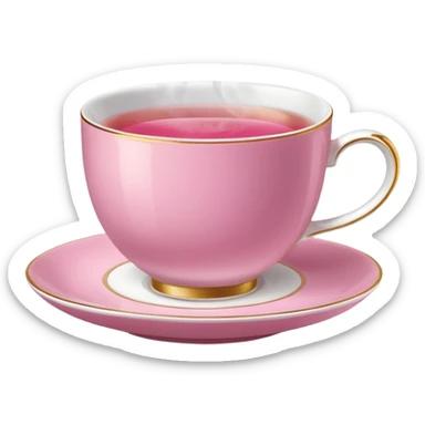 pink teacup filled with tea, placed on a matching pink saucer, with gentle steam rising from the cup.  sticker