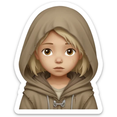 Young beggar little girl character, chest-up portrait, wearing worn and oversized clothes, hair is visible, neutral earth-tone fabric, slightly messy hair peeking from under a hood, tired but gentle eyes, subtle dirt marks on face, sticker