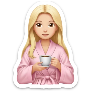 girl with long blonde hair sitting a cup of coffee wearing light pink robe sticker