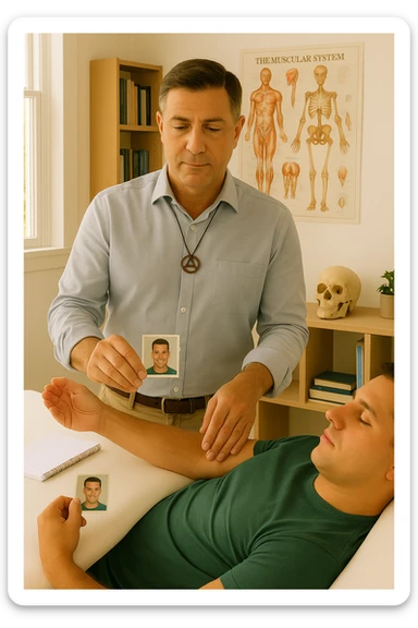 a middle-aged man, dressed in casual professional attire, is in a bright, organized therapy studio. Durante una visita di kinesiologia, il ragazzo tiene con una mano la foto di una persona lontana (il “testimone”) tiene la foto in mano, mentre con l’altra mano esegue un test muscolare su un cliente presente senza foto lui non tiene la foto. Sullo sfondo si vedono libri di kinesiologia, poster anatomici e strumenti tipici della disciplina. L’atmosfera è concentrata e serena, con luce naturale che entra dalla finestra, sottolineando l’aspetto alternativo e umano della pratica. sticker
