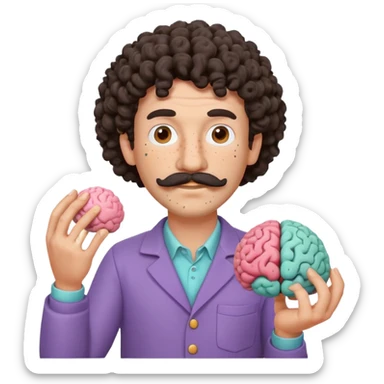 Enhance the claymation man holding a brain by adding more depth and dimension to the image. Make him more attractive and quirky, inspired by the first version, with dark curly hair, thick mustache, light skin, freckles, more movement, claymation style, visible fingerprints, and pastel colors. sticker