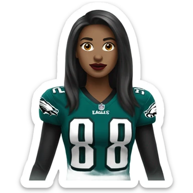 White female long dark hair red lips wearing Philadelphia Eagles jersey sticker