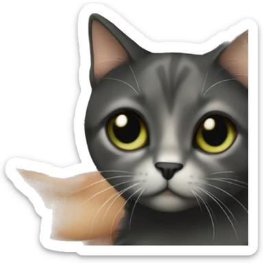 White girl with green eyes and black hair holding a calico cat sticker
