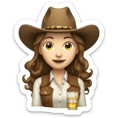 Pale woman, cowgirl, with brown hair and holding tequila  sticker