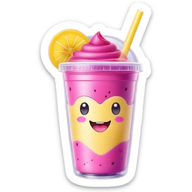 Cute Kawaii Smoothie Cup, filled with blended fruity goodness, a smiling face with excited eyes, bright colorful layers of pink, yellow, and purple, topped with a straw and tiny fruit slices! sticker