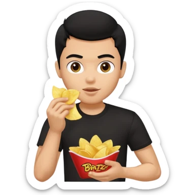 a pretty bratz guy with curly black hair in in black tshirt eating chips sticker
