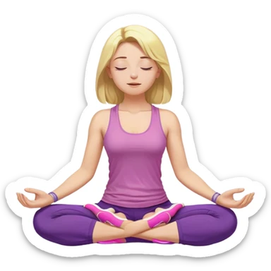 yellow-skinned woman sitting in a cross-legged meditation pose. She has shoulder-length blonde hair and wears a purple tank top, gray pants, and pink shoes. Her eyes are closed, and she has a peaceful, relaxed expression. Her hands rest on her knees with her fingers forming a meditation mudra sticker