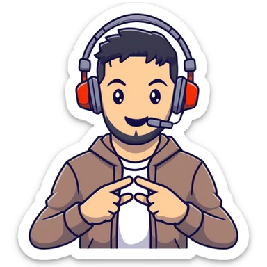 Anime style man with black hair, brown eyes, and black beard wearing gaming headset and making a bravo gesture, anime character design sticker