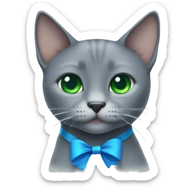 Gray cat with a blue bow and green eyes sticker