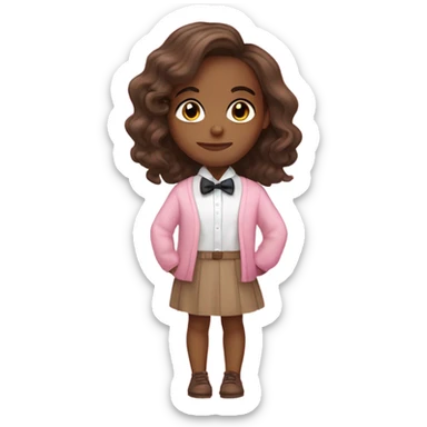 Brown skin girl with shoulder length hair wearing a bow tie and a cute pink sweater with a white dress shirt underneath  sticker