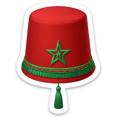 Red Moroccan fez hat with a flat top, straight sides, a green five-pointed star on the front, and a thin black tassel hanging from the right side. sticker