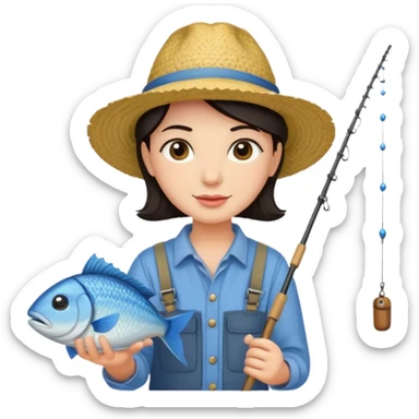 GRANJERO PIEL CLARA Y PELO OSCURO  CON CAÑA DE PESCAR Y UN PESCADO EN LA CAÑA sticker