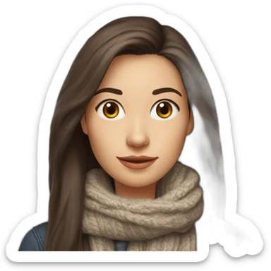 white female data science engineer with dark brown straight long hair in a tech startup wearing woolly scarf and wearing a coffee mug - only headshot sticker