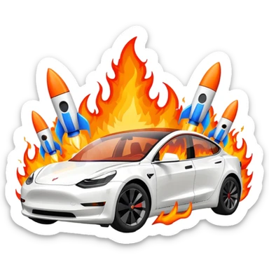 Tesla model 3 white. Two rockets mounted on roof flame backwards sticker