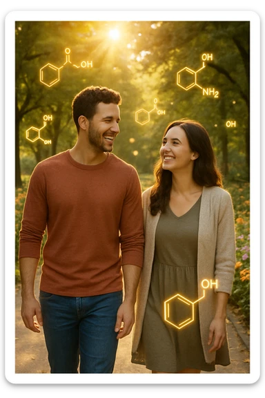 a smiling man and woman walk together along a sunlit park path, surrounded by green trees and blooming flowers. Sunbeams gently illuminate their faces, and subtle, glowing dopamine symbols float around them, symbolizing natural, healthy pleasure. The mood is uplifting and serene. sticker