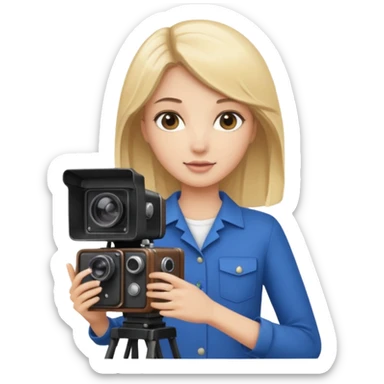 A brunette girl , she’s a proud and successful filmmaker 🍿🌍✨ she’s next to a tall, set camera, / holding awards  sticker