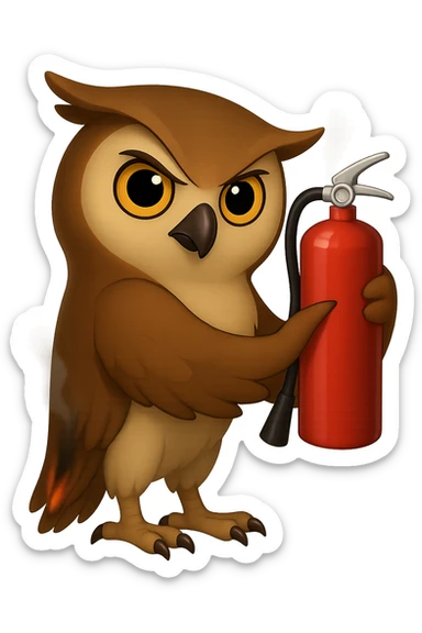 Точно такая же картинка и поза, только в другом крыле сова держит огнетушитель, хвост совы слегка подгорел и от него идет дымок, прозрачный фон sticker