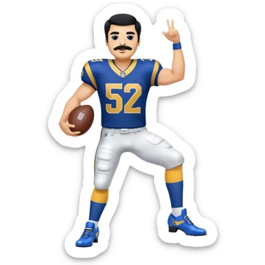 Chill guy in LA Rams jersey  with nu.ber 52. Black hair black mustache. Full body. Blue heels sticker