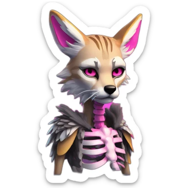 Coyote ocelot standing with grey and black fur and phoenix wings on back and pink ears half skeleton injured nose and face, neon lights sticker