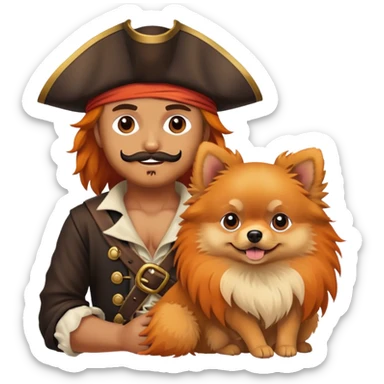 A pirate holds a pomeranian in his arms sticker