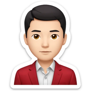 cool handsome Asian man emoji, short black hair styled with exposed forehead, natural slick hairstyle, sharp facial features, fair skin, confident eyes, subtle smirk, wearing dark red suit and white shirt with top buttons undone sticker