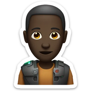 Person whos face is half droid half human with dark skin and a big nose and a laser sticker