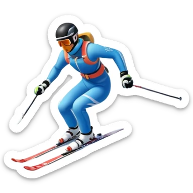 An icon featuring snowy peaks, pine trees, and a picturesque mountain landscape with a skier racing down a snow-covered slope, The sky is blue with soft clouds, capturing the thrill and beauty of alpine skiing. Transparent background highlights the excitement and serenity of winter sports. sticker