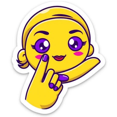Classic yellow emoji face with closed eyes that form upward curved lines, eyelashes, pursed lips with lipstick, and a hand gesture with only the thumb out while other fingers are closed, all nails painted sticker