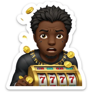 disheveled Black Panther losing money at a slot machine, panicked face, coins flying sticker