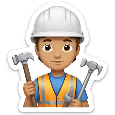 Busy boy wearing a helmet working with hammer  sticker