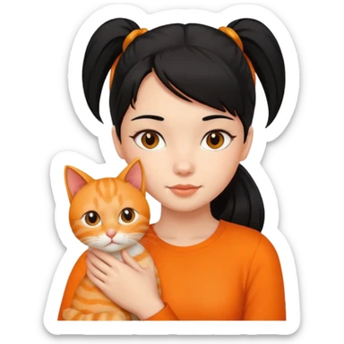 A black haired girl with a high ponytail holding an orange cat sticker