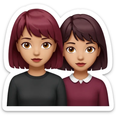 2 girls both tan skin. One with short length wavy burgundy hair, bangs and brown eyes, the other with medium length black hair with brown eyes  sticker