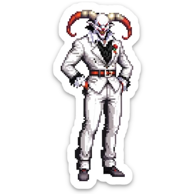 full-body muscular demonic clown in black and white leisure suit with bellbottom pants, bald, black ram horns, flashy black and white belt, ruffled white shirt, no neck tie, large fangs sticker