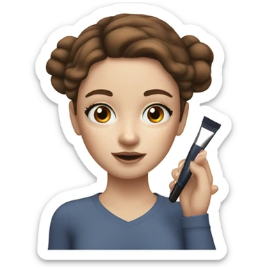 Girl applying her makeup on white skin while having Brown hair and blue eyes and freackles sticker