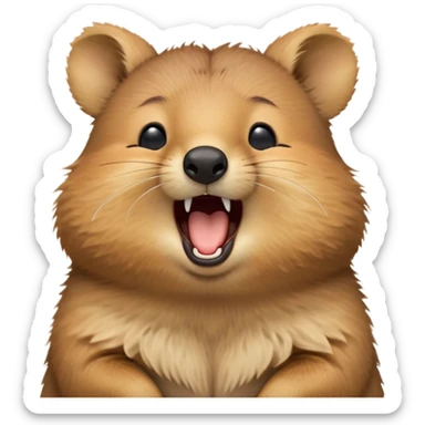 cinematic-realistic  yawning quokka-emoji,-small-round-frame, head tilted in an endearing manner, wouth wide open yawning, sleepy comical smile, round fluffy cheeks, giant-fluffy-cheeks-large-smile-fluffy-brown-fur-radiating-a-warm-softness,-big-round-eyes-filled-with-joy, realistic round  fluffy zoomed in, large black eyes one paw raised in the air sticker