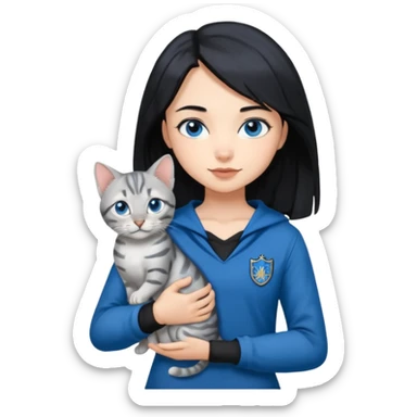 Girl with light skin, blue eyes, shoulder length straight black hair, wears a ravenclaw outfit, with a silver bengal cat holding in her arms sticker