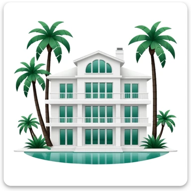 white luxurious villa with dark green palm trees in the foreground, minimalism, no emojis or faces, white background sticker