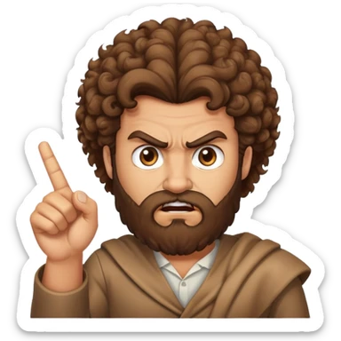 Angry tan man with big curly brown hair and brown eyes pointing at me with a beard sticker