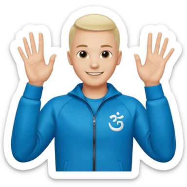 rapeur jul en emoji ios, blanc, rasé sur les cotés, cheveux au centre dressés au gel, signe J avec les mains, survet de l'om sticker